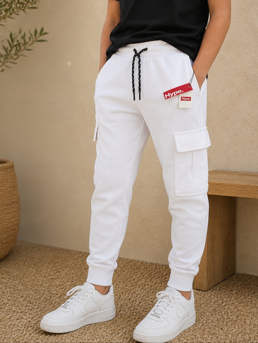 Hype White Men's Cargo Joggers with Contrast Drawstring